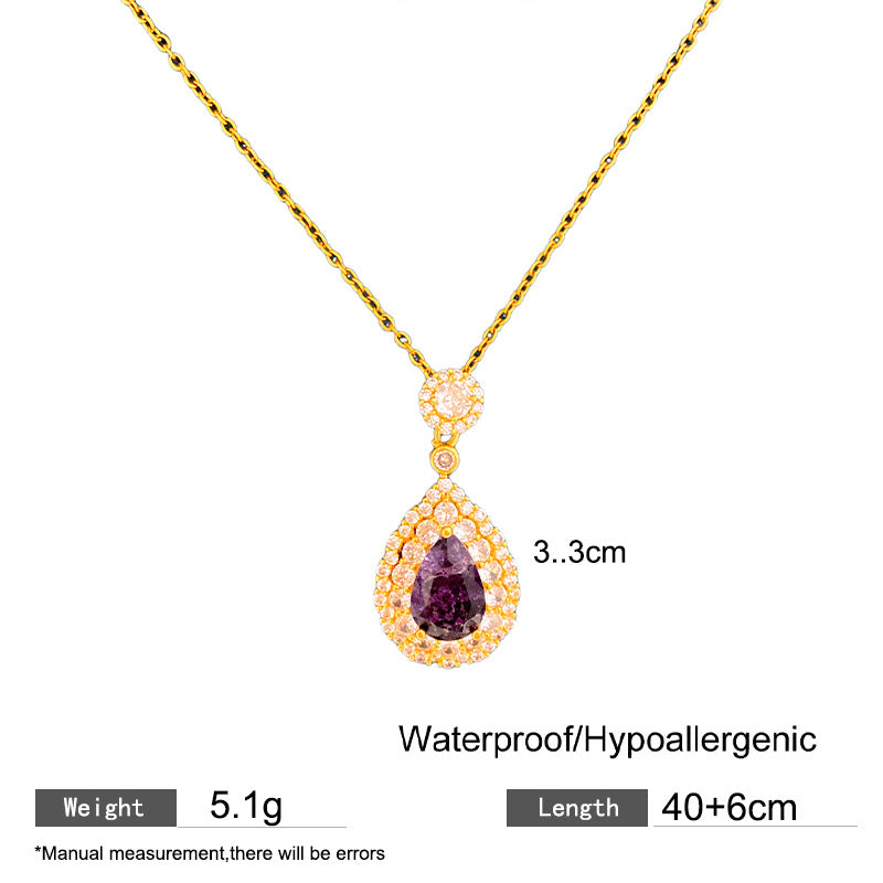 Sweet Sporty Purple Teardrop Heart Crystal Pendant Titanium Steel Necklace Cable Chain