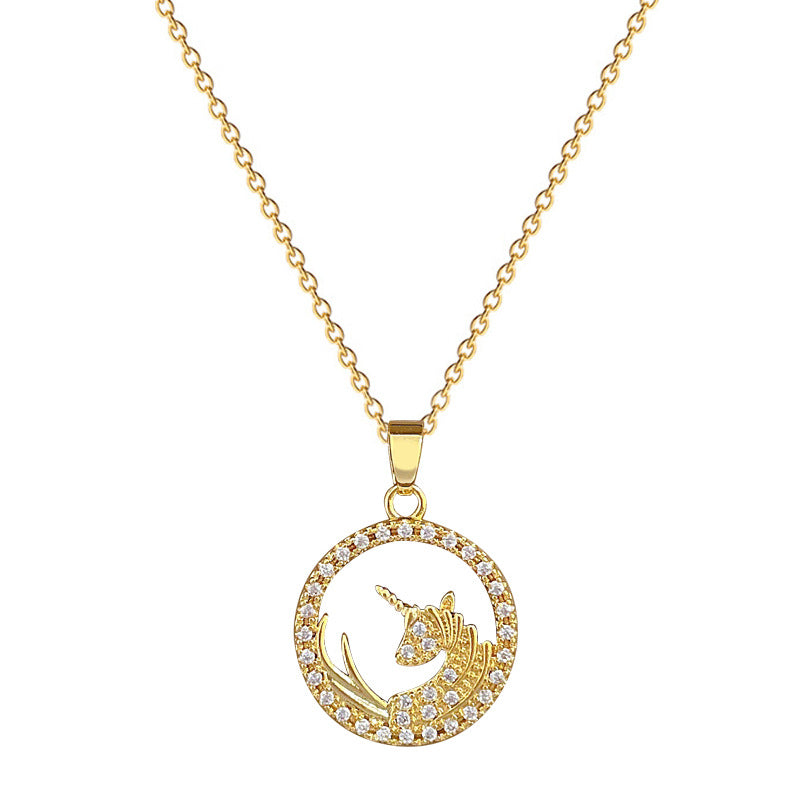Minimalist Unicorn Pendant Necklace in Titanium Steel with Zircon Inlay for Women and Men, Delicate Clavicle Chain with Geometric Design and Moon Motif