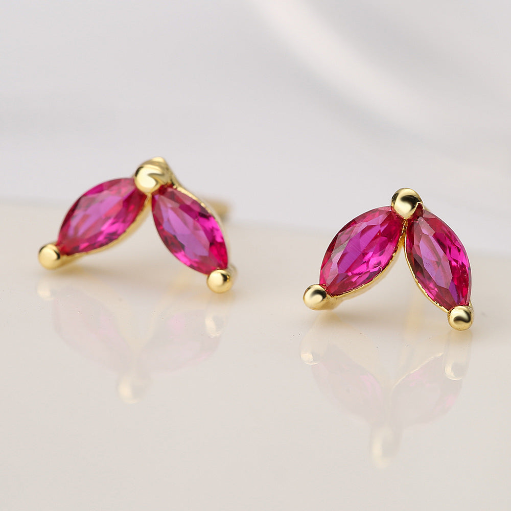 Minimalist 18K Gold Plated Brass Geometric Leaf Stud Earrings with Cubic Zirconia for Women