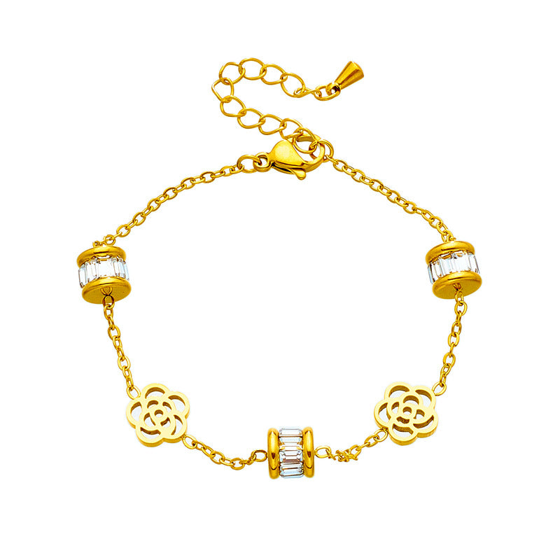 Pulsera minimalista de acero de titanio con diseño floral calado y acabado chapado para mujer