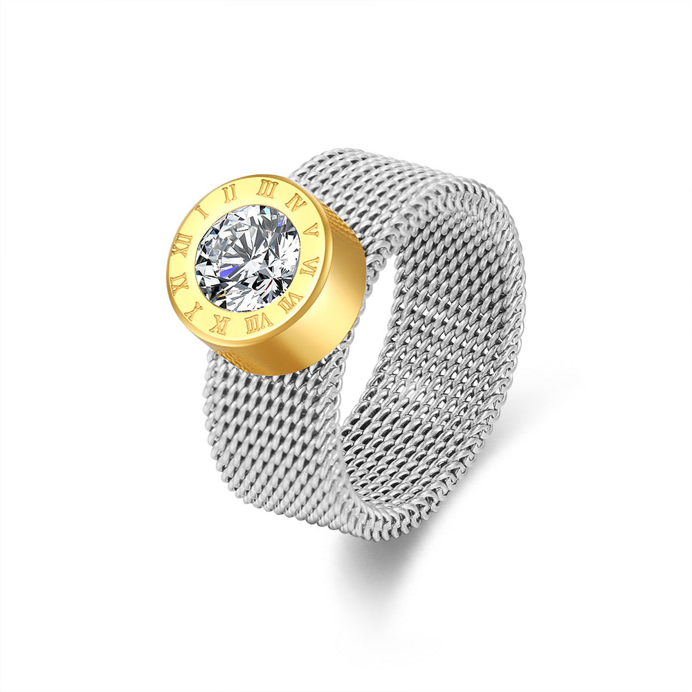 Vintage Geometric Round Rhinestone Inlay Plated Stainless Steel Ring