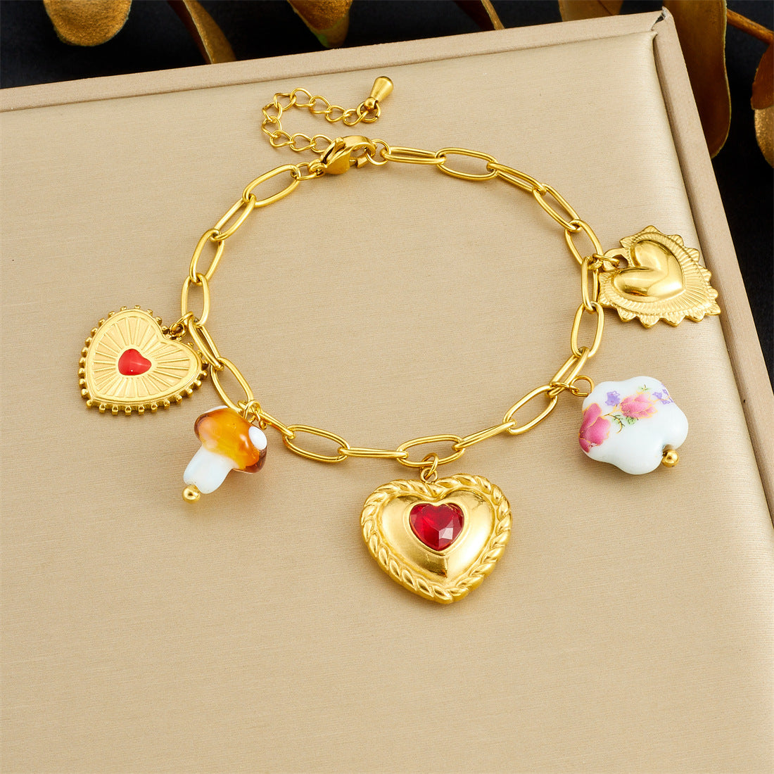 Elegant Gold Plated Rhinestone Inlaid Heart Mushroom Ceramic Pendant Stainless Steel Cable Chain Necklace Set for Women