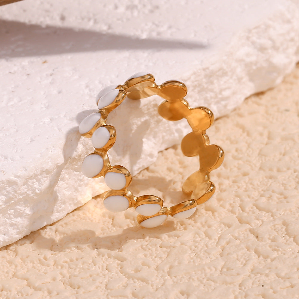 Minimalist Geometric Stainless Steel Ring with 18K Gold Plating and White Enamel Finish for Women