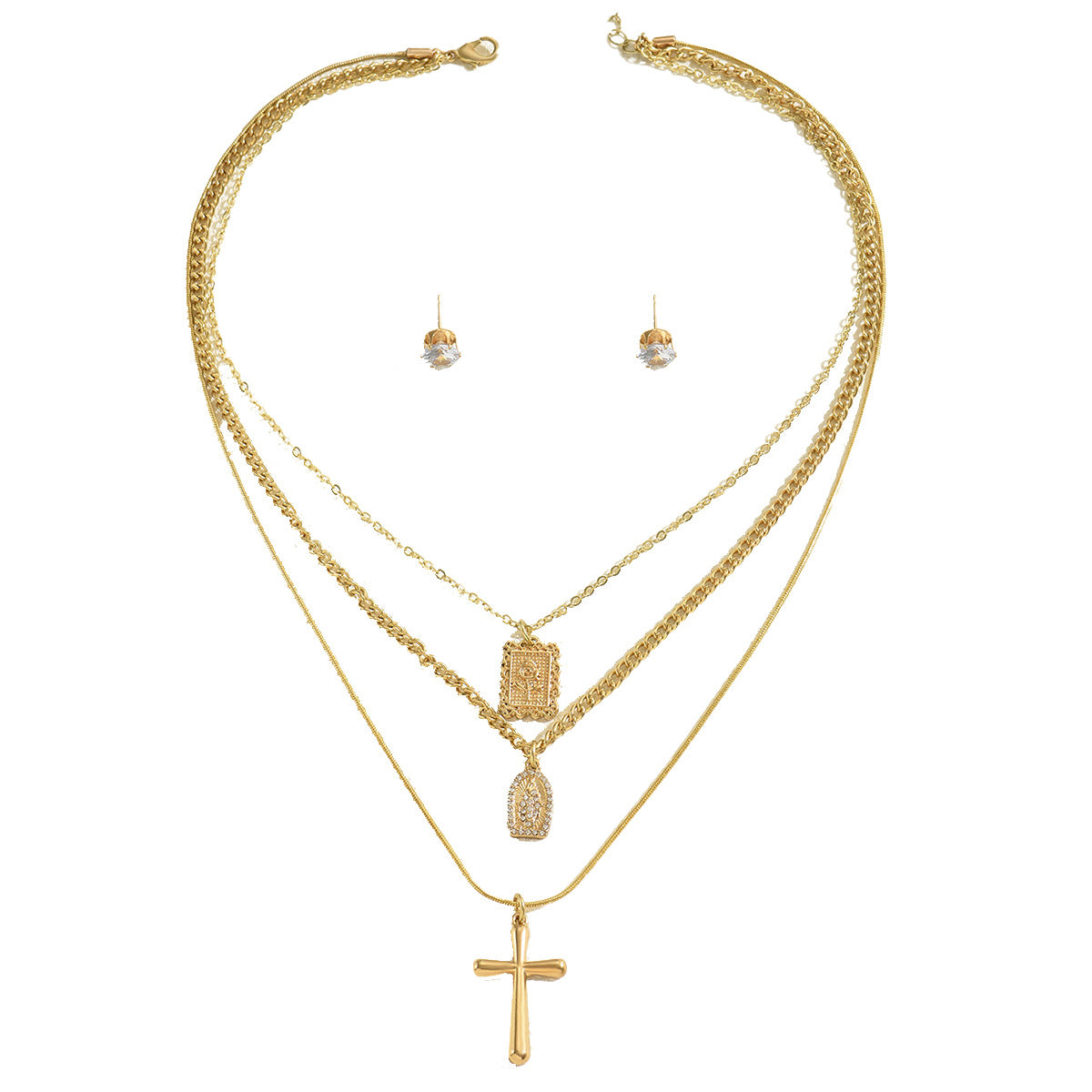 Juego de collar y pendientes de cruz modernos para mujer con base de cobre e incrustaciones de circonio