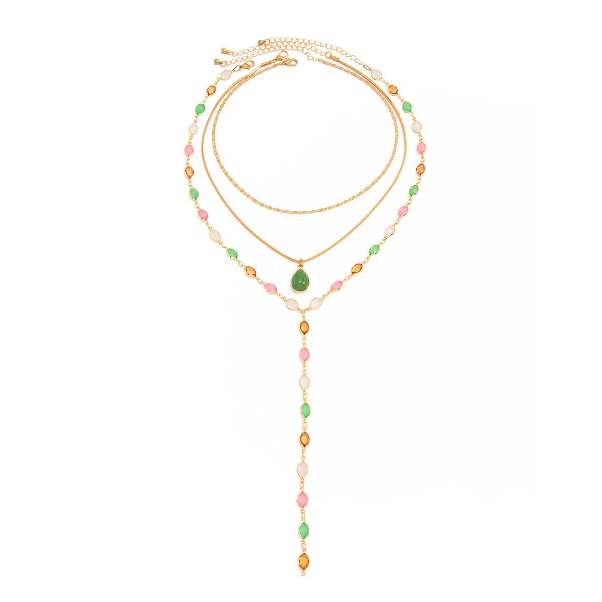 Elegant Colorful Crystal Teardrop Geometric Zinc Alloy Pendant Brass Plated Necklace for Women