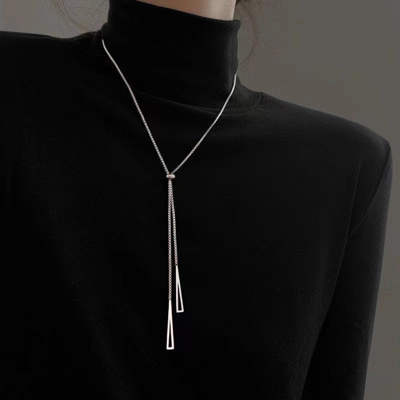 Elegant Triangle Adjustable Layered Necklace for Women Stainless Steel Long Pendant Chain with Tassel and Daisy Motif