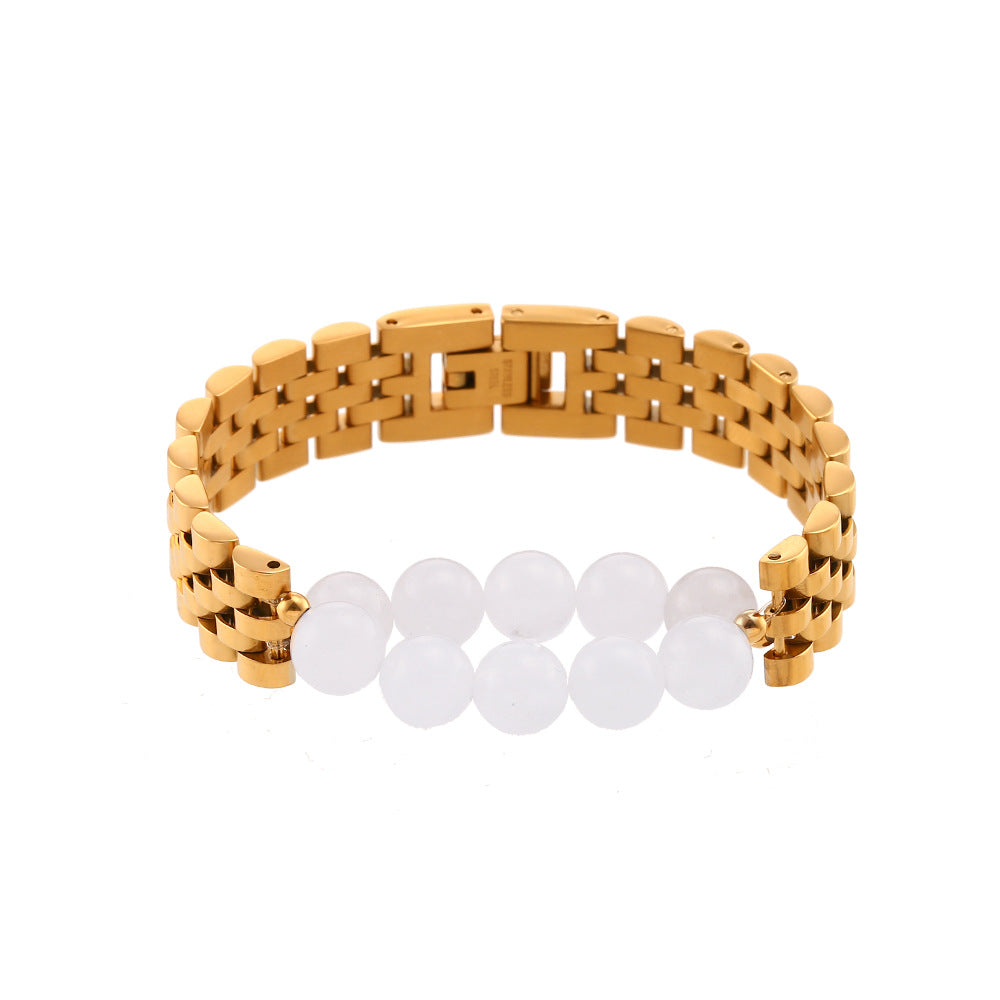 Minimalist Geometric Stainless Steel Plated Bracelet with Natural Stone Inlay for Women