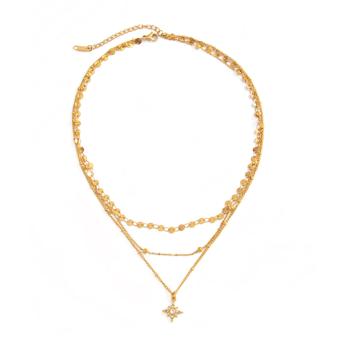Sweet 18K Gold Plated Stainless Steel Eight-Pointed Star Round Rhinestone Pendant Necklace