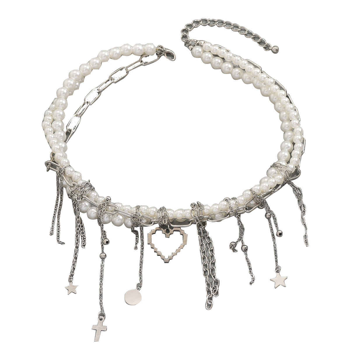 Collana a strati alla moda per donna con ciondolo a forma di cuore con intarsio di perle in lega di zinco, nappina e design geometrico