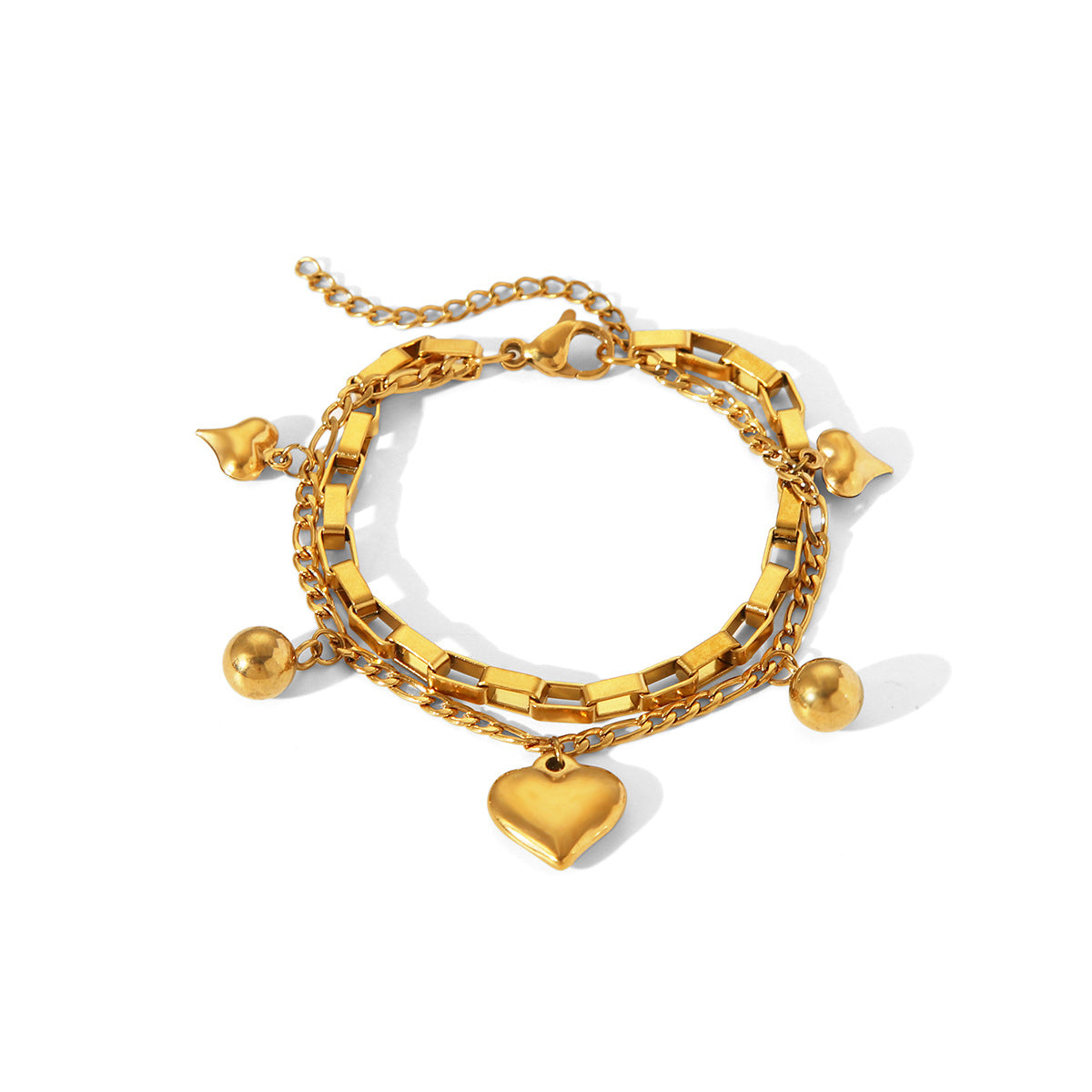 Elegante bracciale a catena da donna placcato oro 18 carati in acciaio inossidabile con ciondolo a doppio strato a forma di cuore