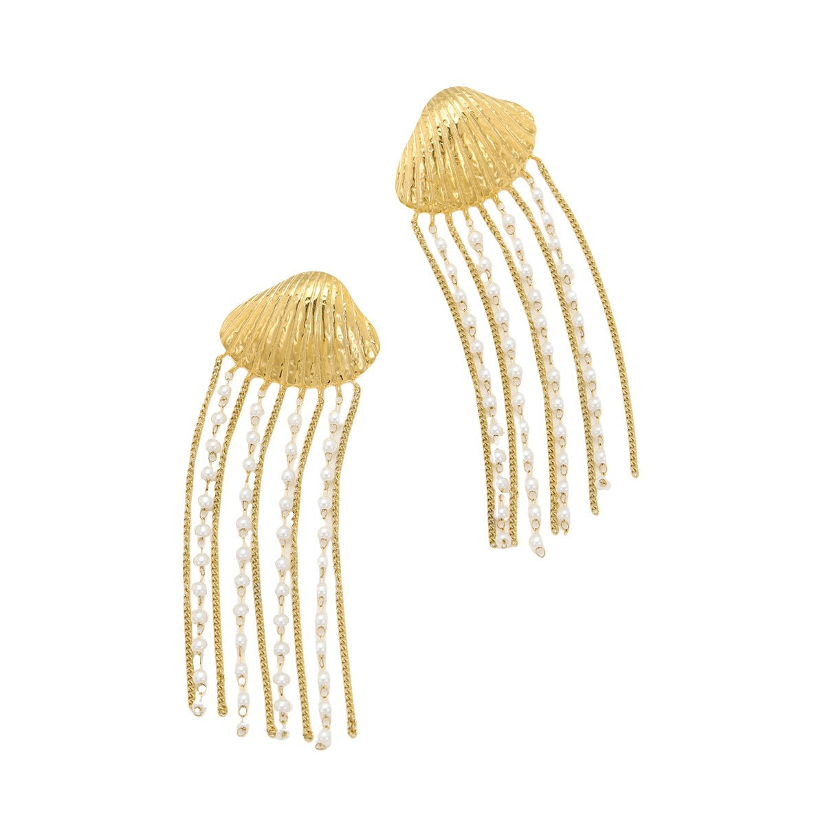 Pendientes de Acero Inoxidable con Forma de Concha, Acentos de Perlas y Detalles de Flecos para Mujer