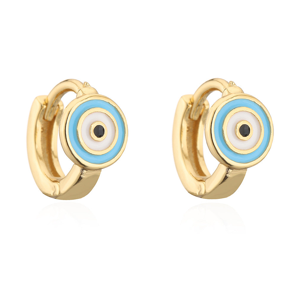 Orecchini a Cerchio Minimalisti Geometrici in Rame con Placcatura in Oro 18K e Dettaglio Occhio Smaltato da Donna