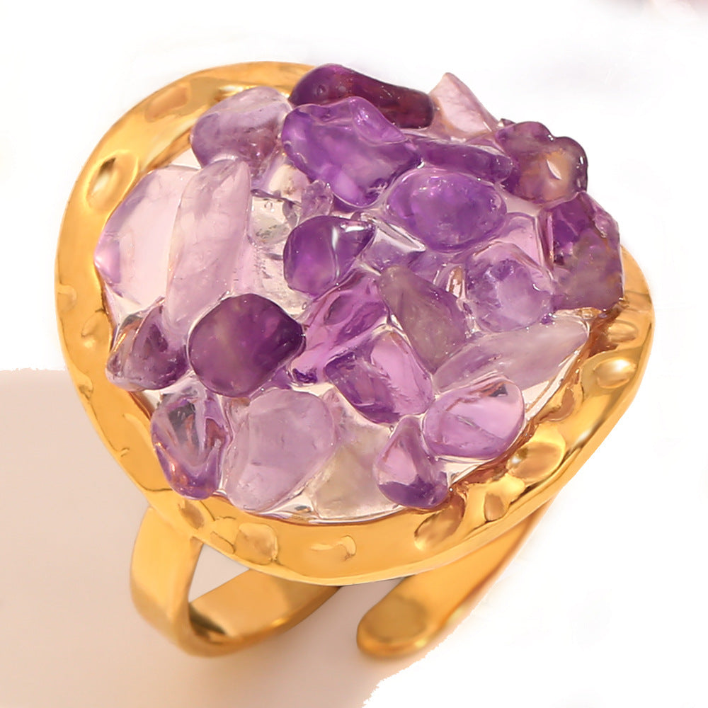 Fashionable Geometric Stainless Steel Ring with 18K Gold Plating and Purple Rhinestone Accents for Women