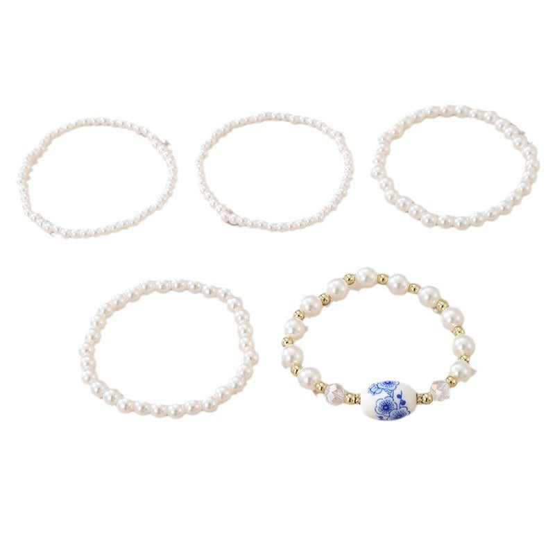 Conjunto de pulseras minimalistas florales vintage francesas para niñas hechas a mano con perlas de imitación y cuentas de cerámica, regalo elegante para cumpleaños o recuerdo de viaje