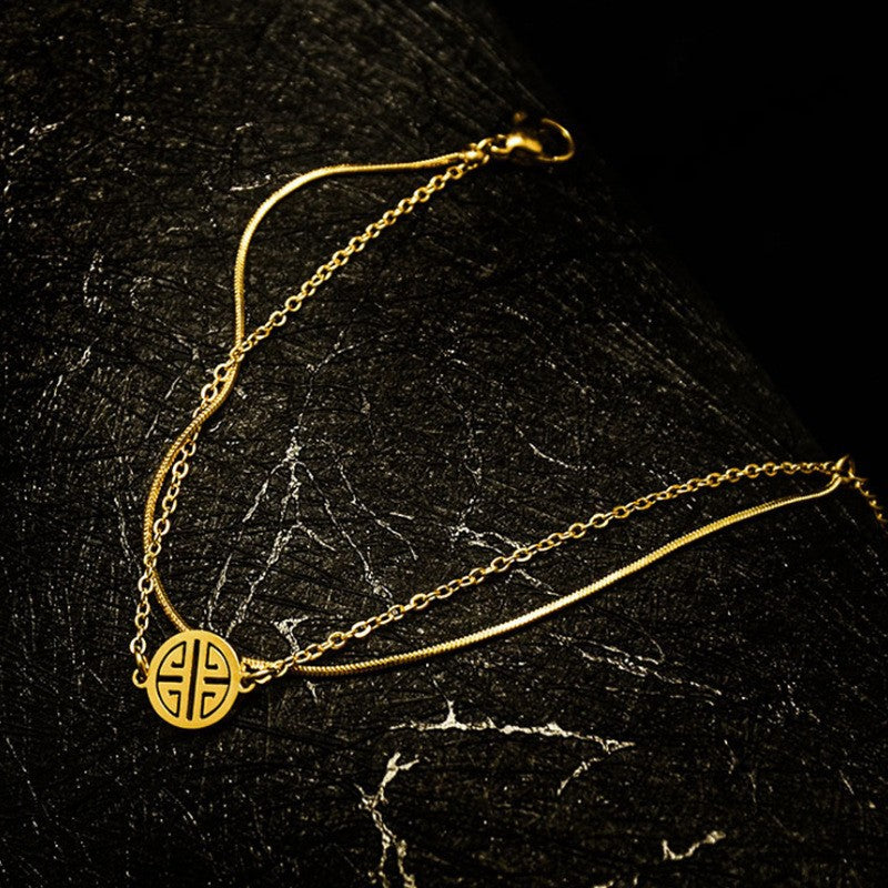 Vintage-Inspired Double-Layer Lucky Fu Character Bracelet for Women in Titanium Steel with Vacuum Plating and Geometric Circle Design