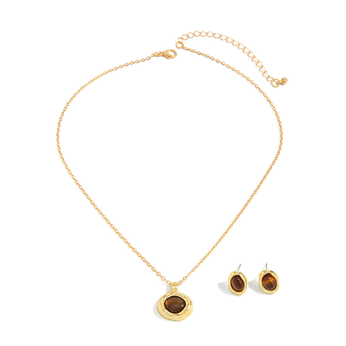 Vintage Oval Tiger Eye Agate Pendant Necklace Alloy Plated Geometric for Women