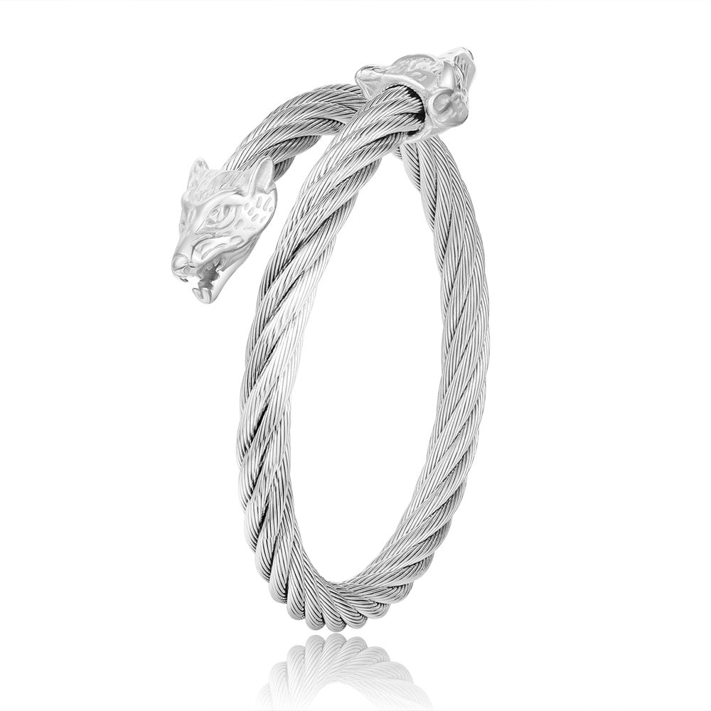 Hip-hop Punk Wolf Head Animal Titanium Steel Plated Open Cuff Bracelet for Men