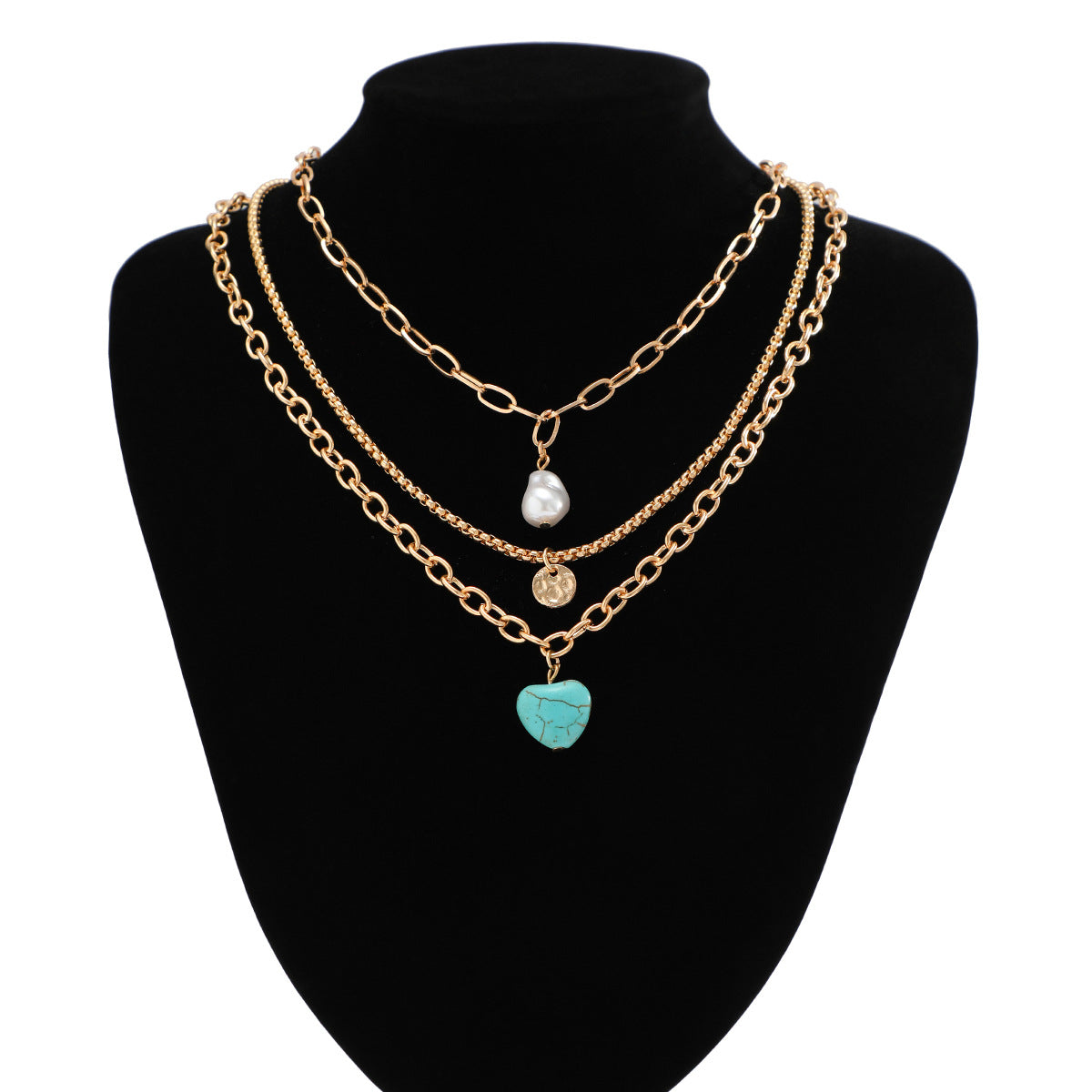 Collar con colgante de aleación con forma de corazón, de estilo barroco étnico, con acabado chapado y detalle de turquesa para mujer