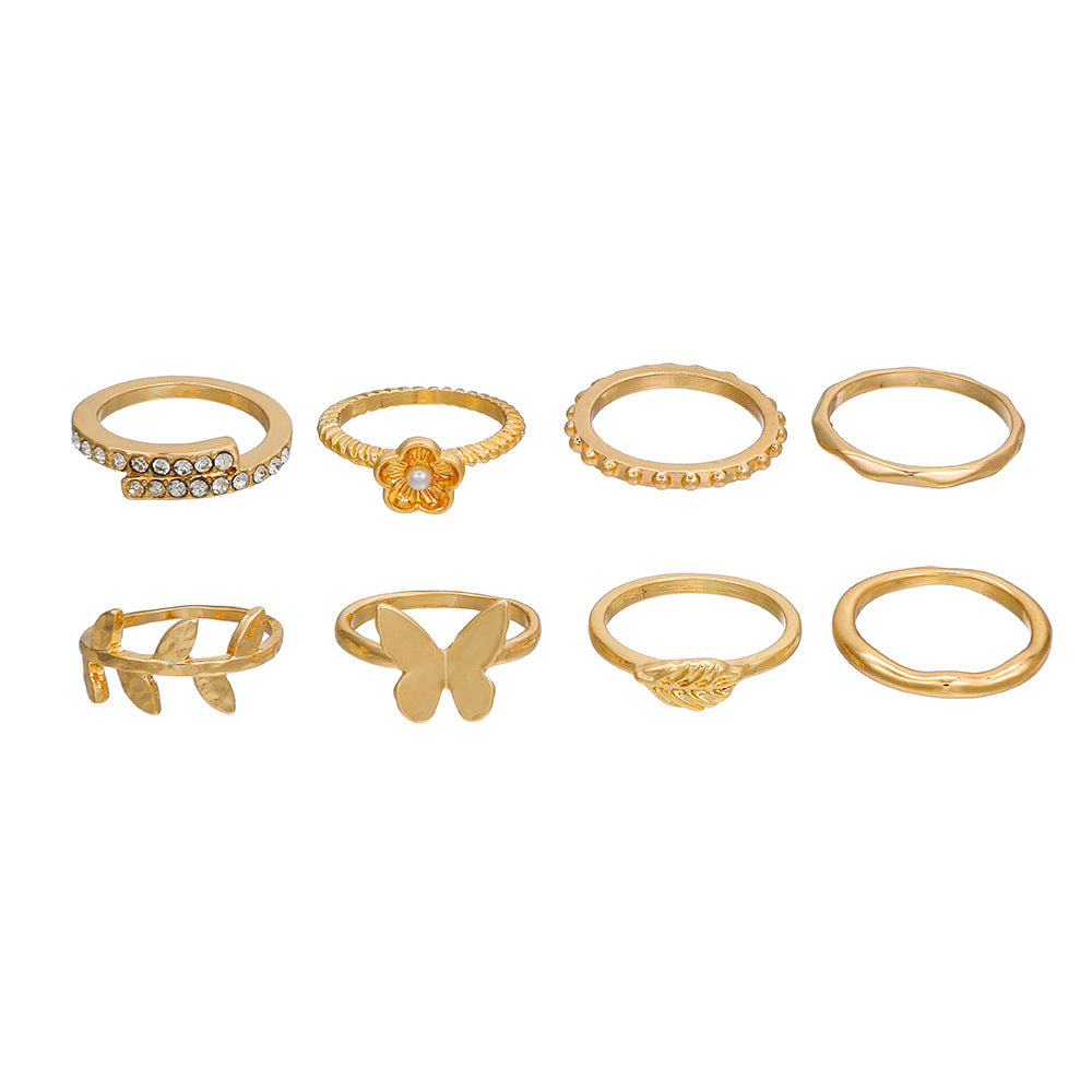 Leaf Flower Butterfly Geometric Alloy Ring Set with Rhinestone Inlay for Women