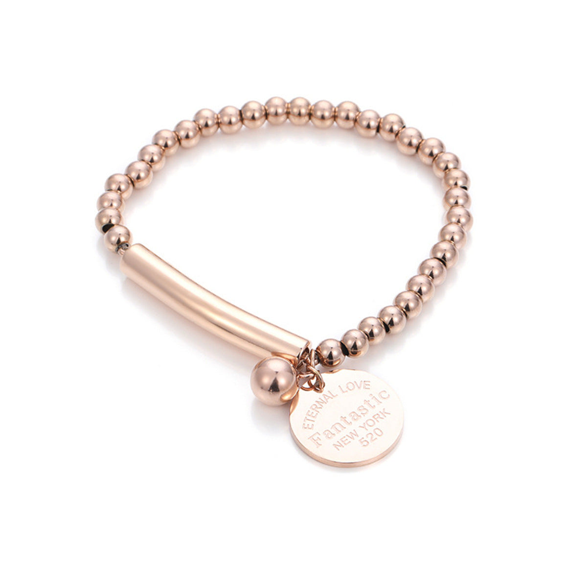 Bracciale da donna in acciaio inossidabile con disco tondo minimalista, perline elastiche e finitura lucida