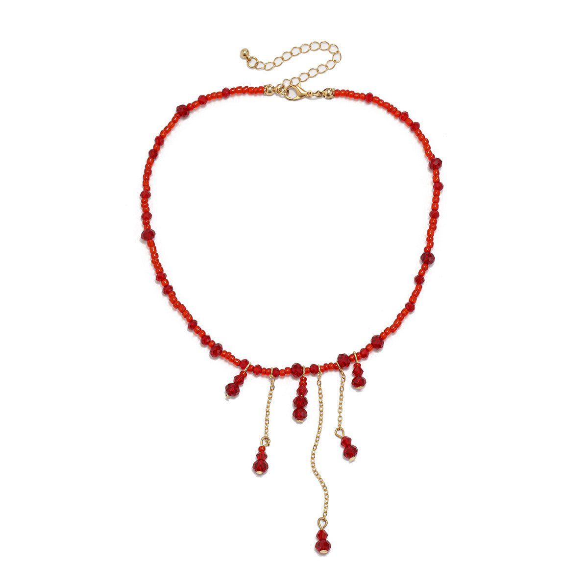 Gargantilla Temática de Halloween con Colgante de Cristal de Gota de Sangre, Diseño Geométrico, Detalles de Borlas y Cadena, Hecho a Mano para Mujer