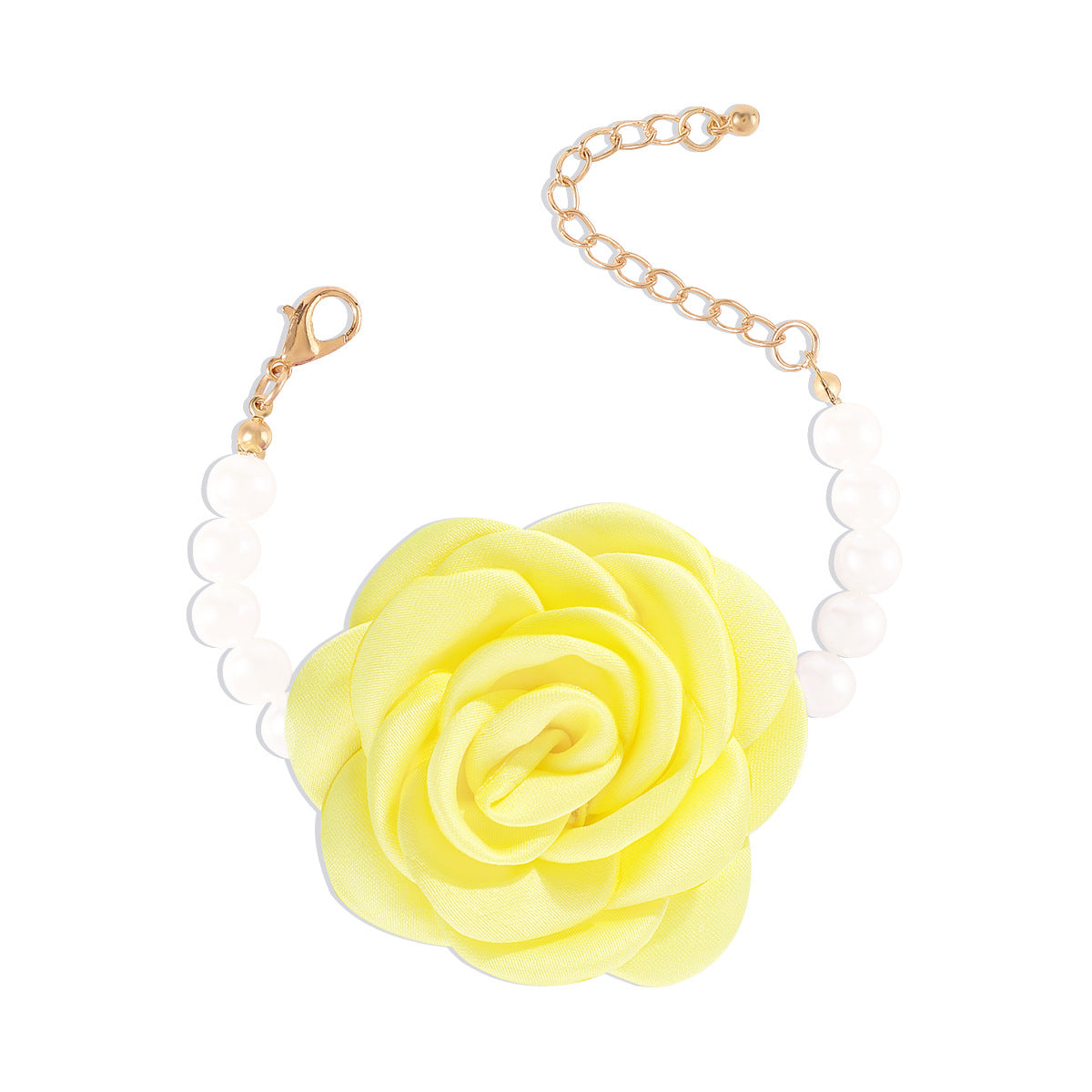 Bracciale in tessuto da donna con design a camelia fatto a mano, perle, fiori e forme geometriche, dolce e audace