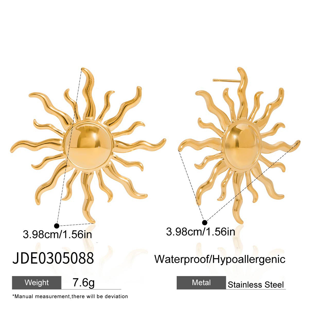 Pendientes de botón de acero inoxidable con forma de sol minimalista para mujer con acabado chapado