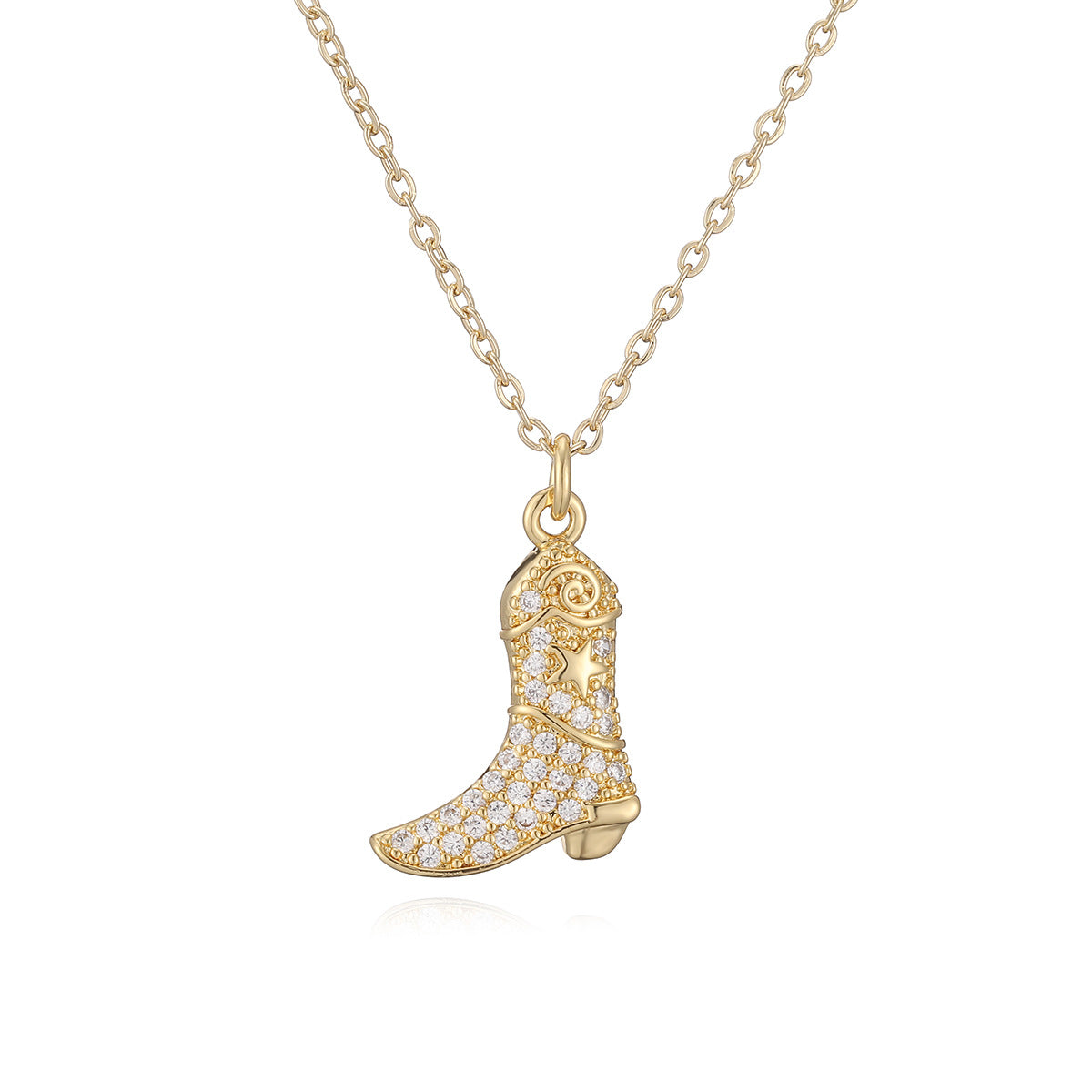 Vintage Minimalist Geometric Brass Gold Plated Cubic Zirconia Boot Pendant Necklace