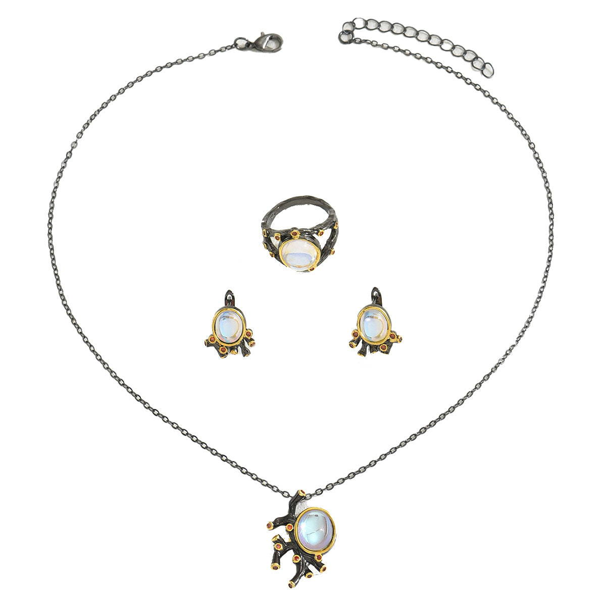 Collar, Anillo y Pendientes de Cobre con Incrustaciones de Piedra Lunar de Estilo Geométrico para Mujer con Elementos de Diseño Ovalados, Octogonales, Biselados, Cuadrados y Lineales
