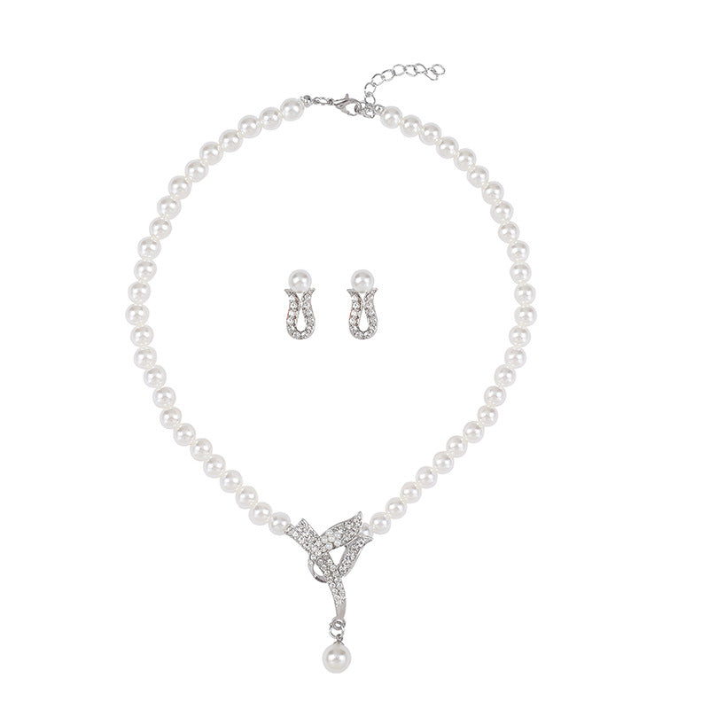 Fashion OL Style Floral Pearl Necklace and Earrings Set for Women Alloy Plated with Wheat and Leaf Motifs