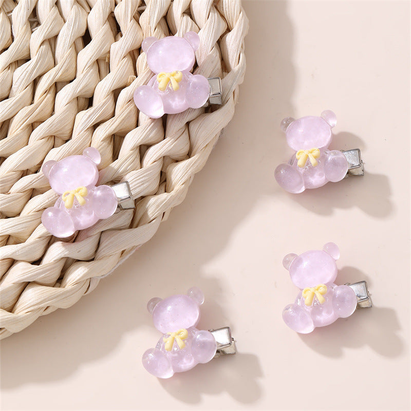 Cute Bear-Shaped Hair Clip for Kids with Bow Design in Jelly Color Floral Pattern Made of Plastic Resin Handcrafted for Children Ages 3 to 10