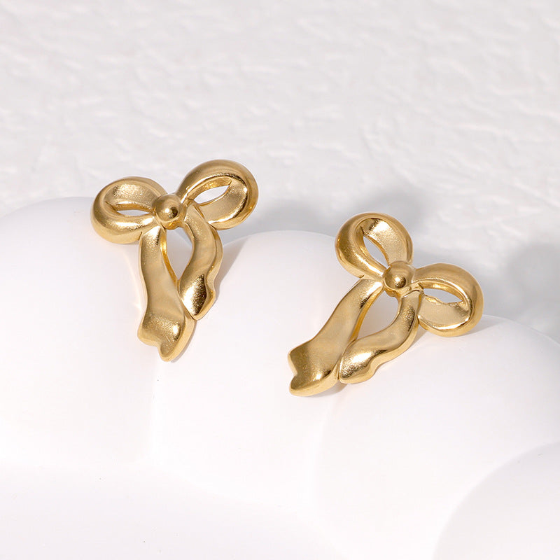 Minimalist Bow-Shaped Stainless Steel Earrings with 18K Gold Plating for Women