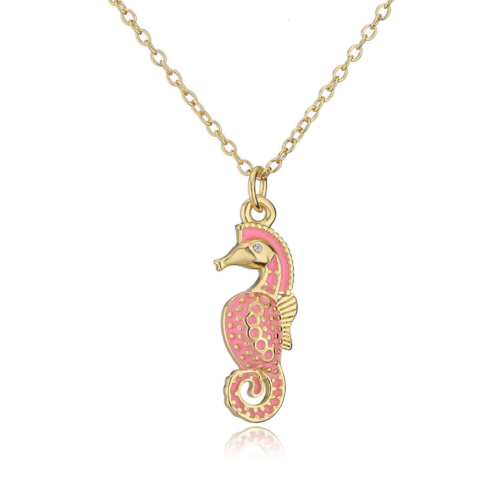Minimalist Seahorse Pendant Necklace for Women in Copper with 18K Gold Plating and Enamel Finish