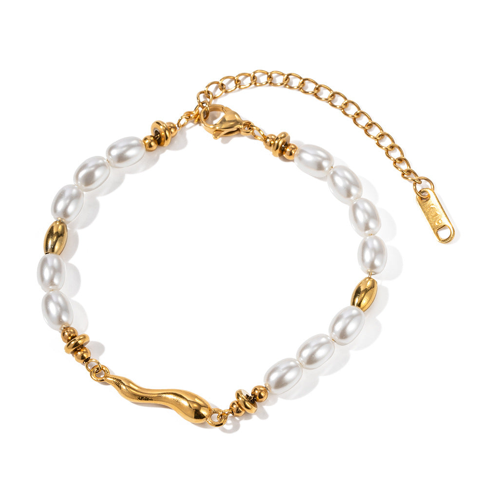 Vintage Geometric Water Drop 18K Plated Stainless Steel Pearl Inlay Bracelet for Women