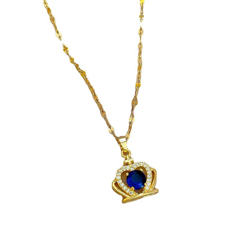 Luxury Blue Crown Pendant Necklace for Women Titanium Steel Geometric Locket Chain with Zircon Inlay