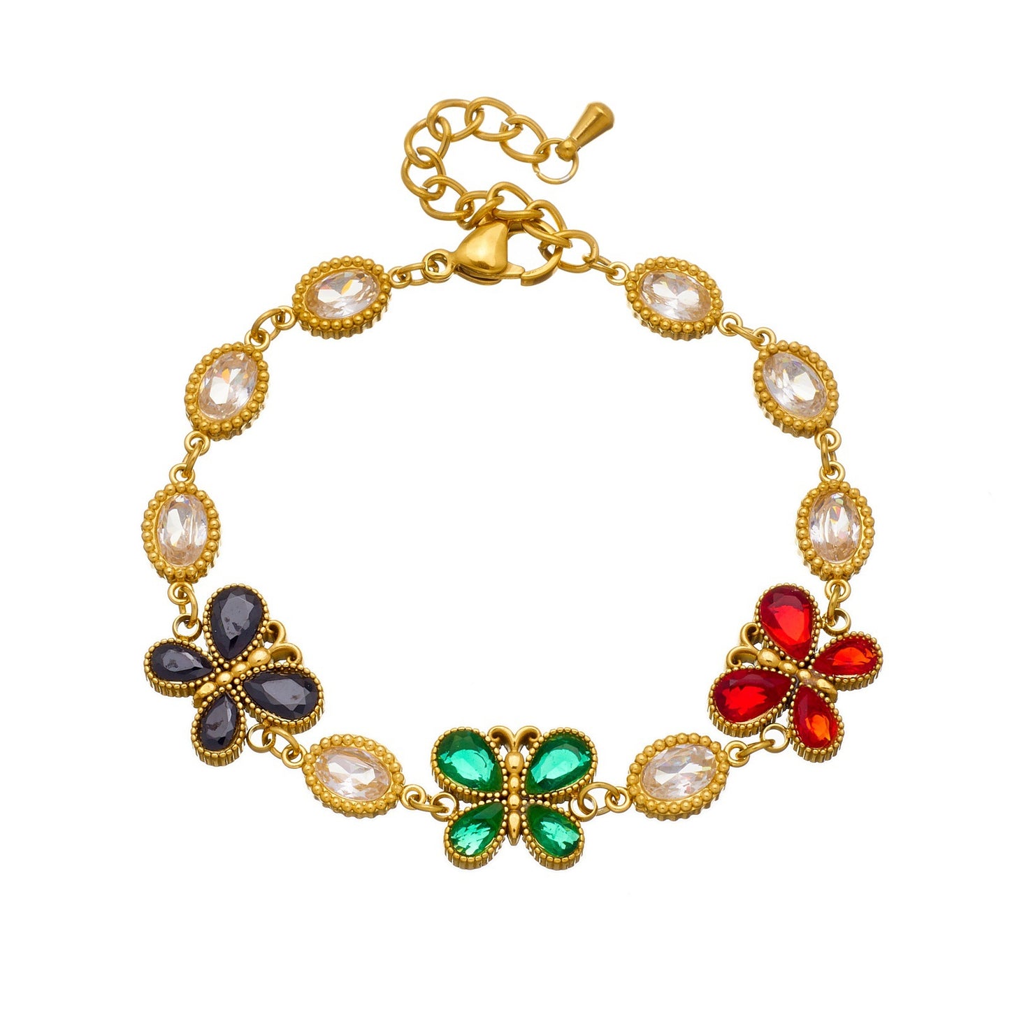 Fashion Elegant Gold Plated Stainless Steel Oval Butterfly Rhinestone Bracelet for Women