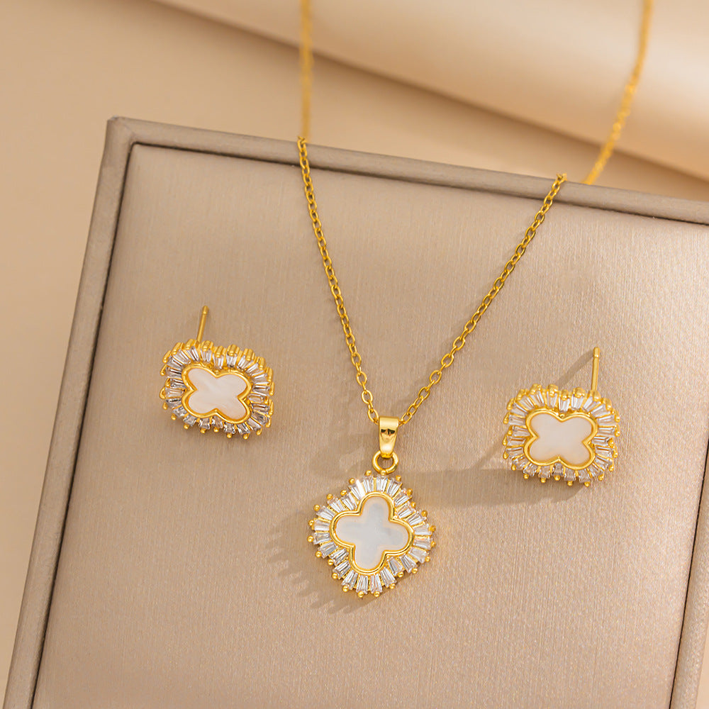 Set Collana Minimalista Geometria Fiocco di Neve Trifoglio a Quattro Foglie con Pendente in Acciaio al Titanio e Catena a Serpente