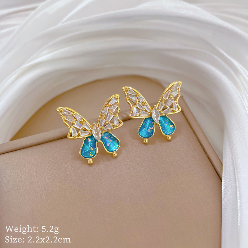 Minimalist Blue Bow Titanium Steel Necklace and Earrings Set with Rhinestone Inlay for Women