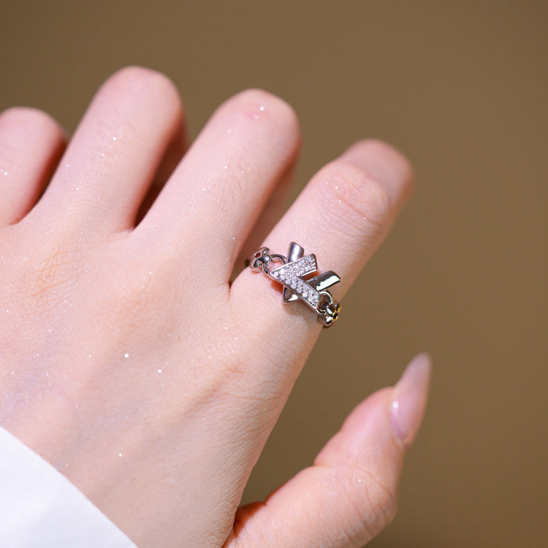 Minimalist X-Shaped Micro-Paved Zircon Stud Bracelet and Ring Set with Gold-Plated Copper Adjustable Bangle for Women