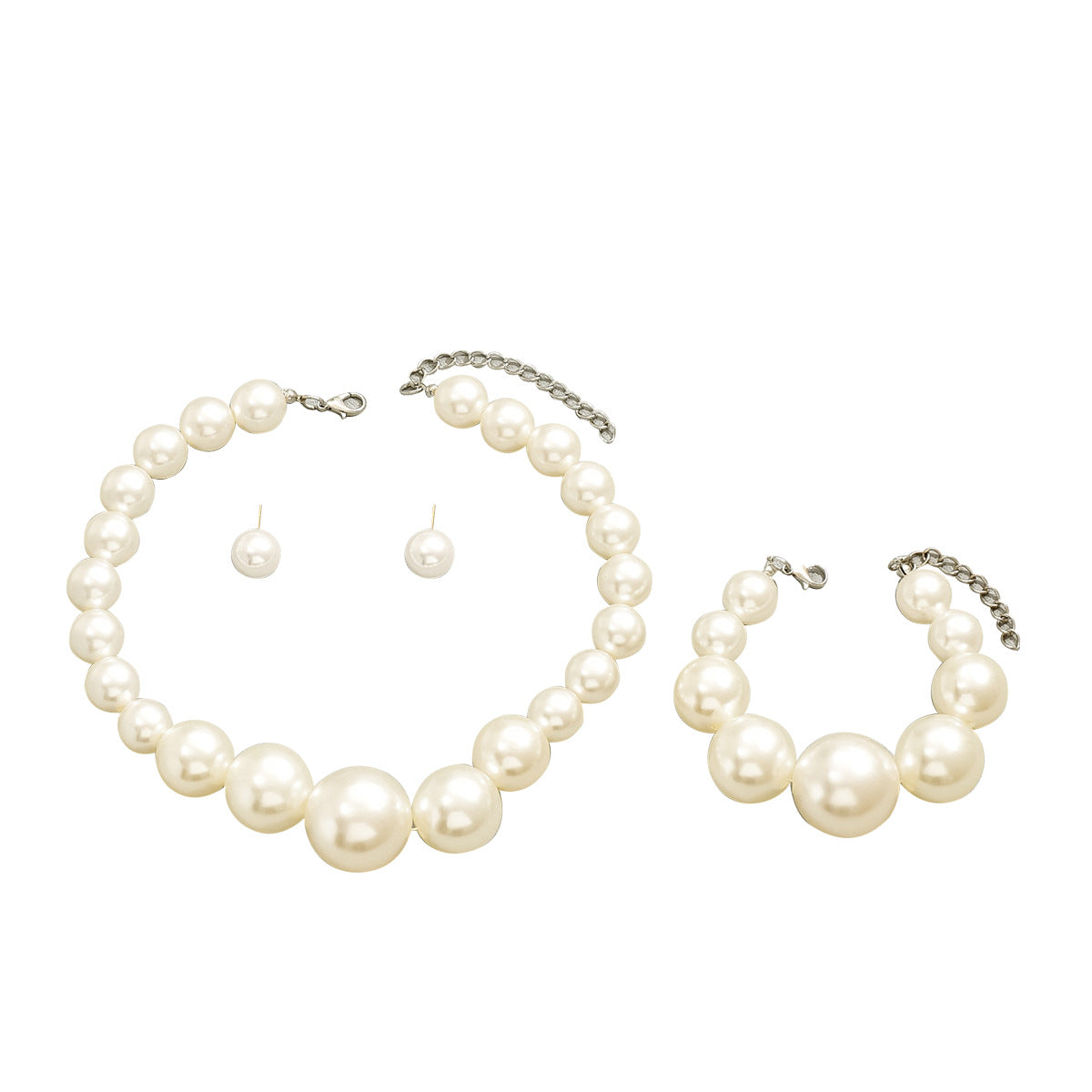 Minimalist Baroque Style Pearl Stud Earrings Pearl Necklace and Bracelet Set with Mother of Pearl Pendants on Ball Chain for Women