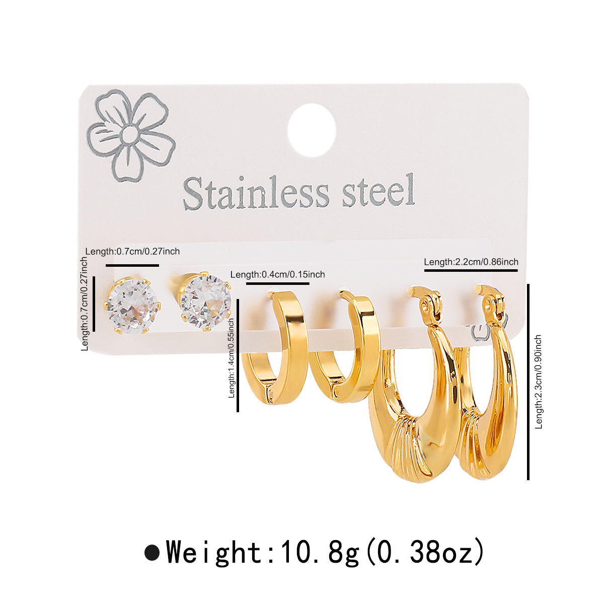 Aretes Minimalistas Geométricos de Acero Inoxidable Bañados en Oro de 14K con Detalles de Pedrería