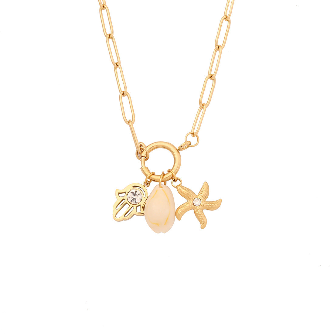 Plated Stainless Steel Starfish & Shell Animal Charm Bar Necklace for Women