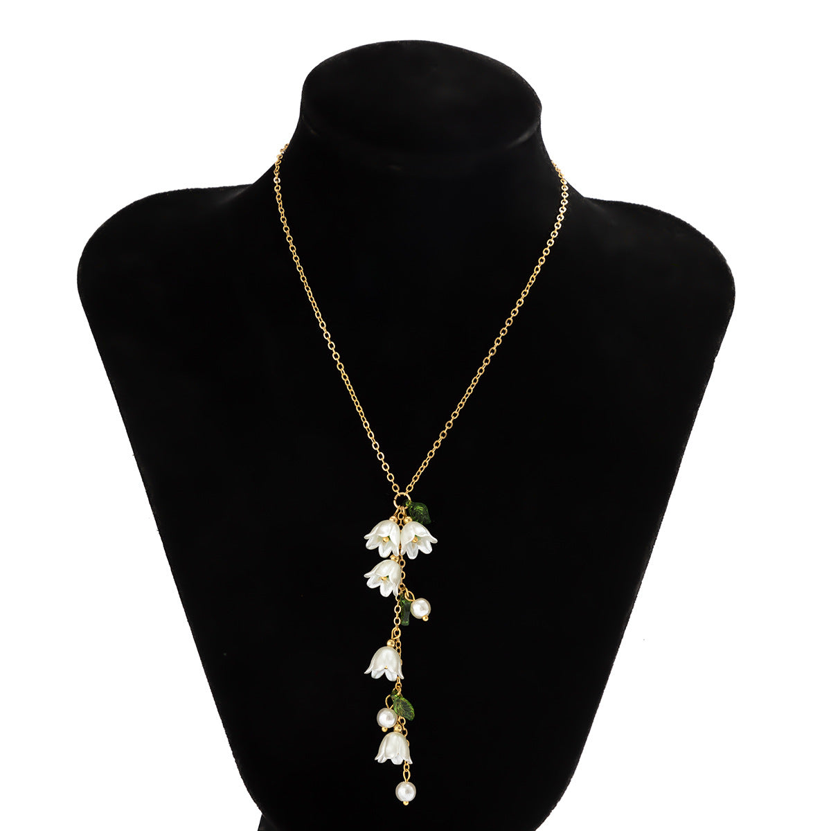 Sweet Elegant Floral Lily of the Valley Alloy Plated Box Chain Necklace with Imitation Pearl Pendant and Tassel Earrings Set for Women