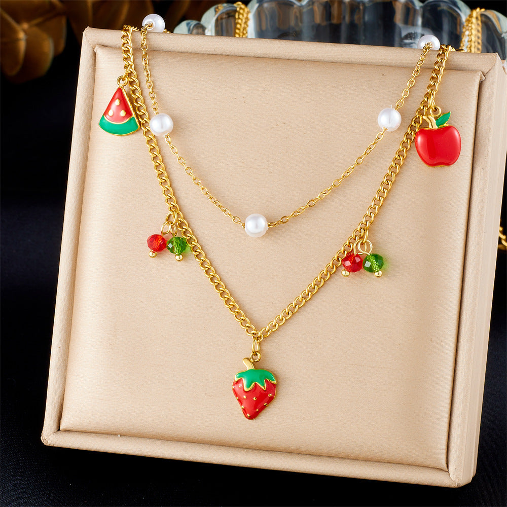 Sweet Cartoon Red Drip Oil Fruit Pendant Necklace Stainless Steel Serpentine Chain Women
