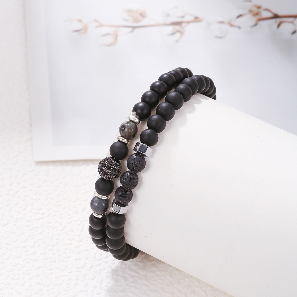 Matte Black Volcanic Stone and Brass Beaded Bracelet with Micro-set Cubic Zirconia, Geometric Round Design for Unisex