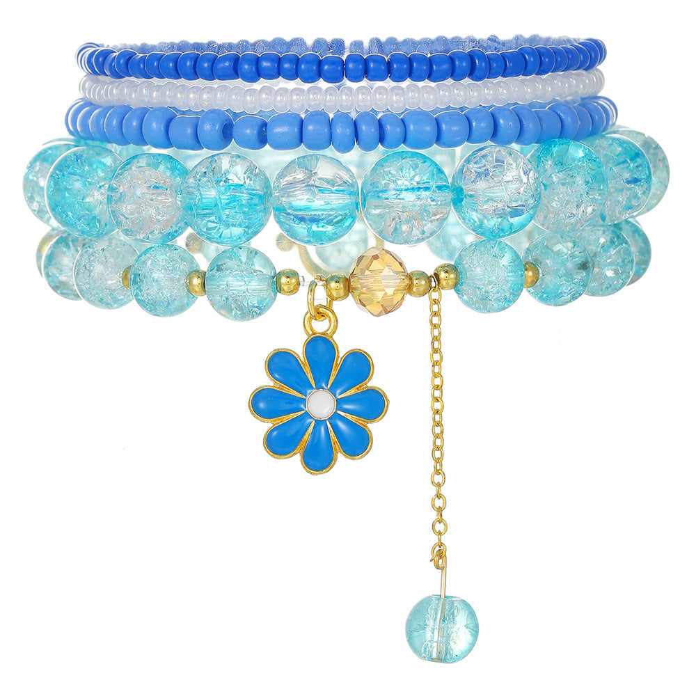 Sweet Handmade Crystal Seed Bead Daisy Flower Elastic Bracelet Set