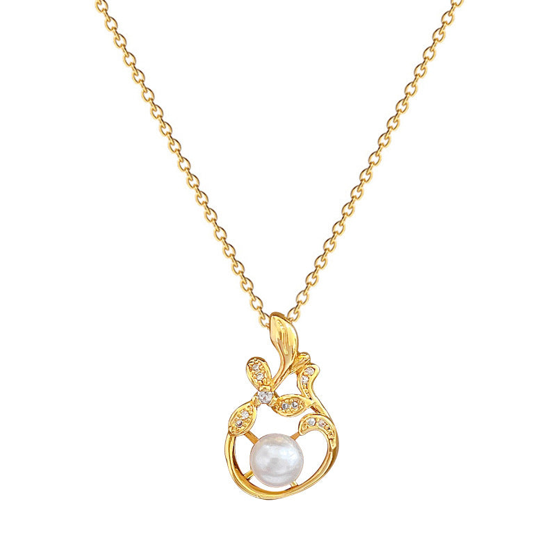 Minimalist Pearl Leaf Pendant Necklace for Women in Titanium Steel with Rhinestone Inlay and Geometric Design