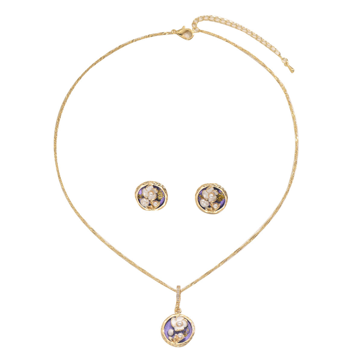 Set di orecchini e collana in rame con intarsio di perle e design floreale per donna, con finitura lucida