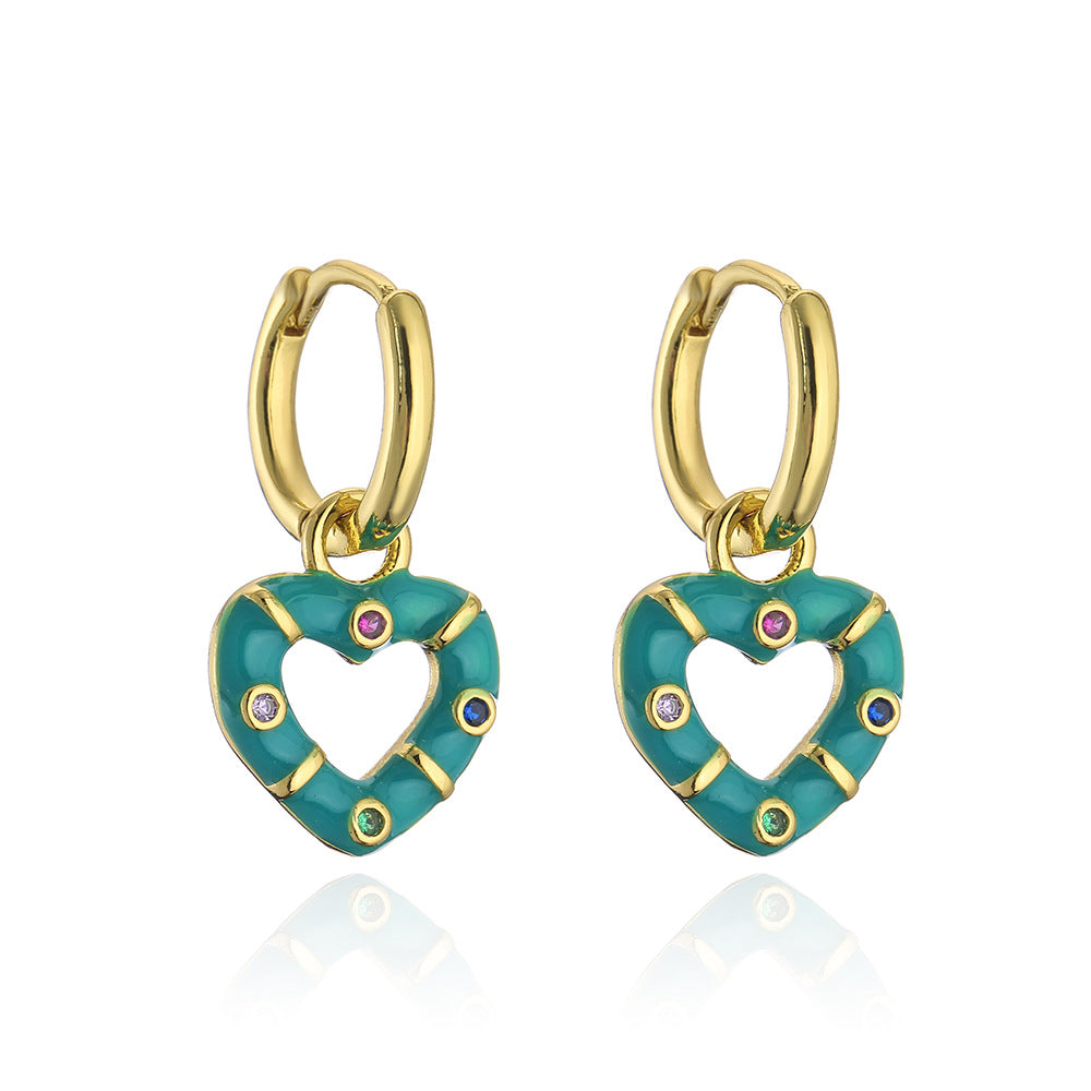 Bohemian Style Geometric Copper Earrings with Gold Plating and Enamel Heart Accent for Women