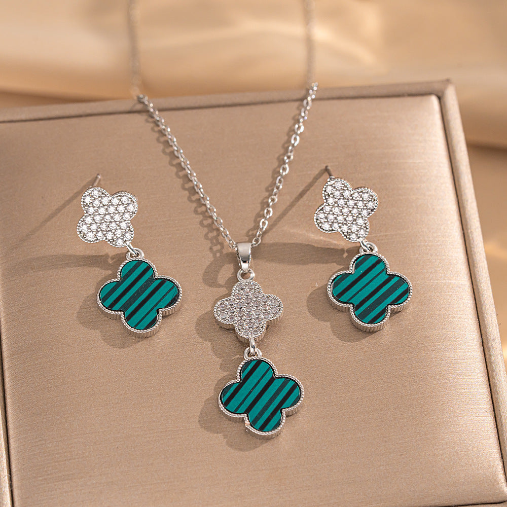 Set collana di lusso in acciaio al titanio geometrico con dettagli in strass micro-pavé e catena a maglie ovali per donna
